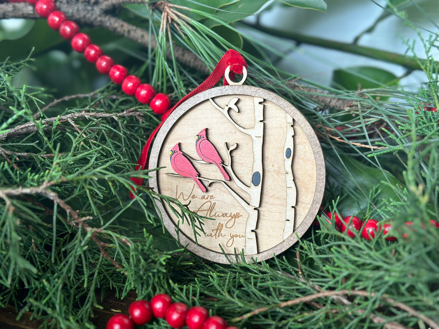 Memorial Ornament | Two Cardinal We Are Always with You | Hand finished wood gift