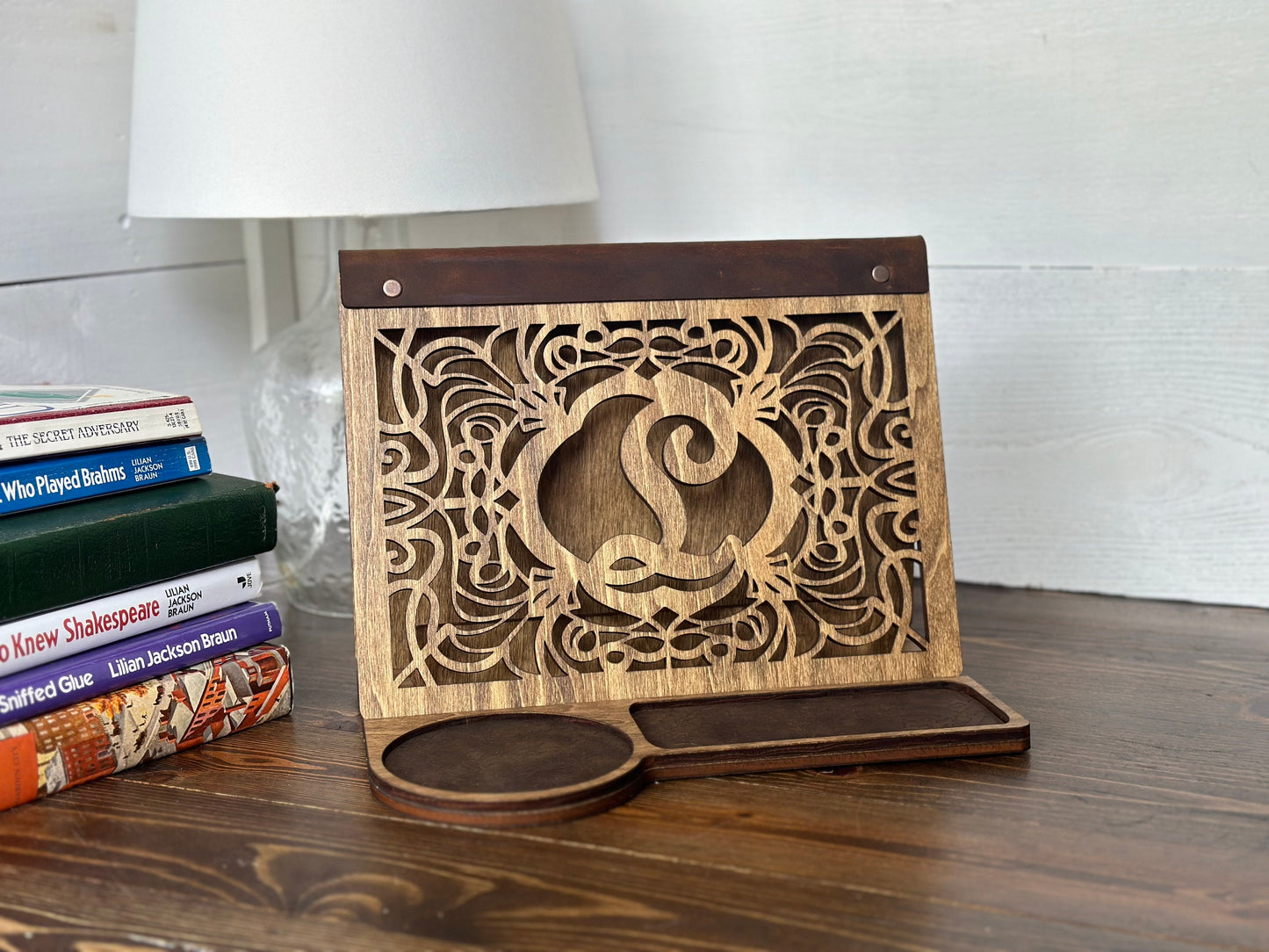 Personalized Gift Engraved Book Stand Book Lover Gift Wood with Genuine Leather Accents Functional Home Décor