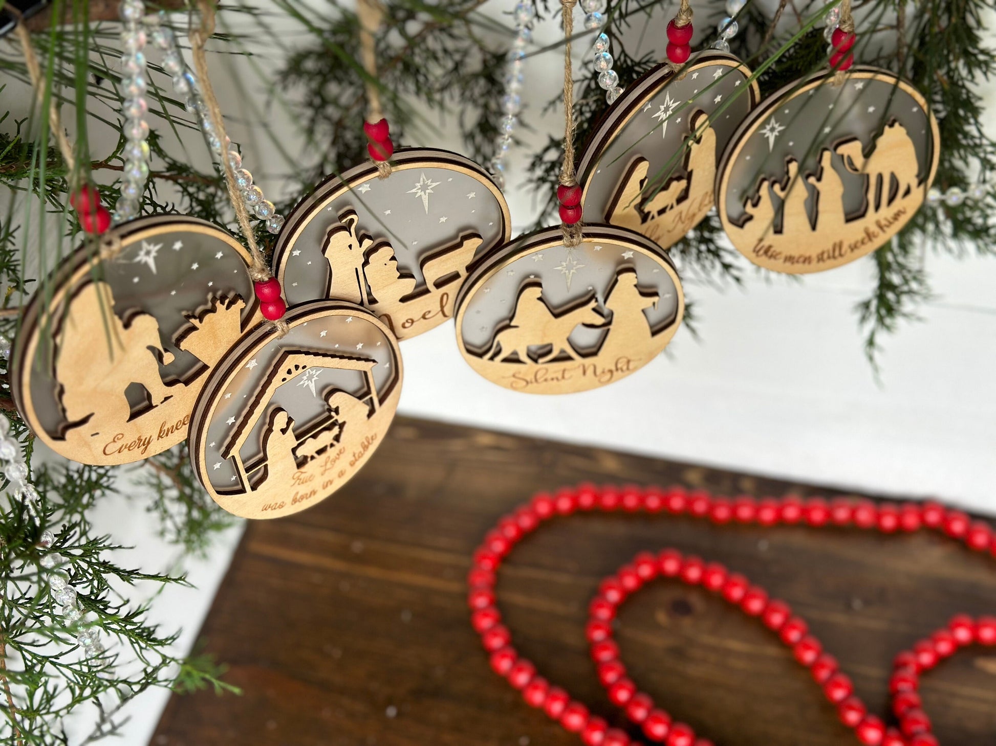 Christmas Ornaments Set of 6 | Christmas Nativity | Two-sided Design | Hand finished wood gift