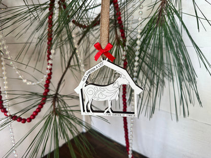 Barn Theme Christmas 11 Ornaments Set Old MacDonald Inspired White Barn shaped livestock ornaments