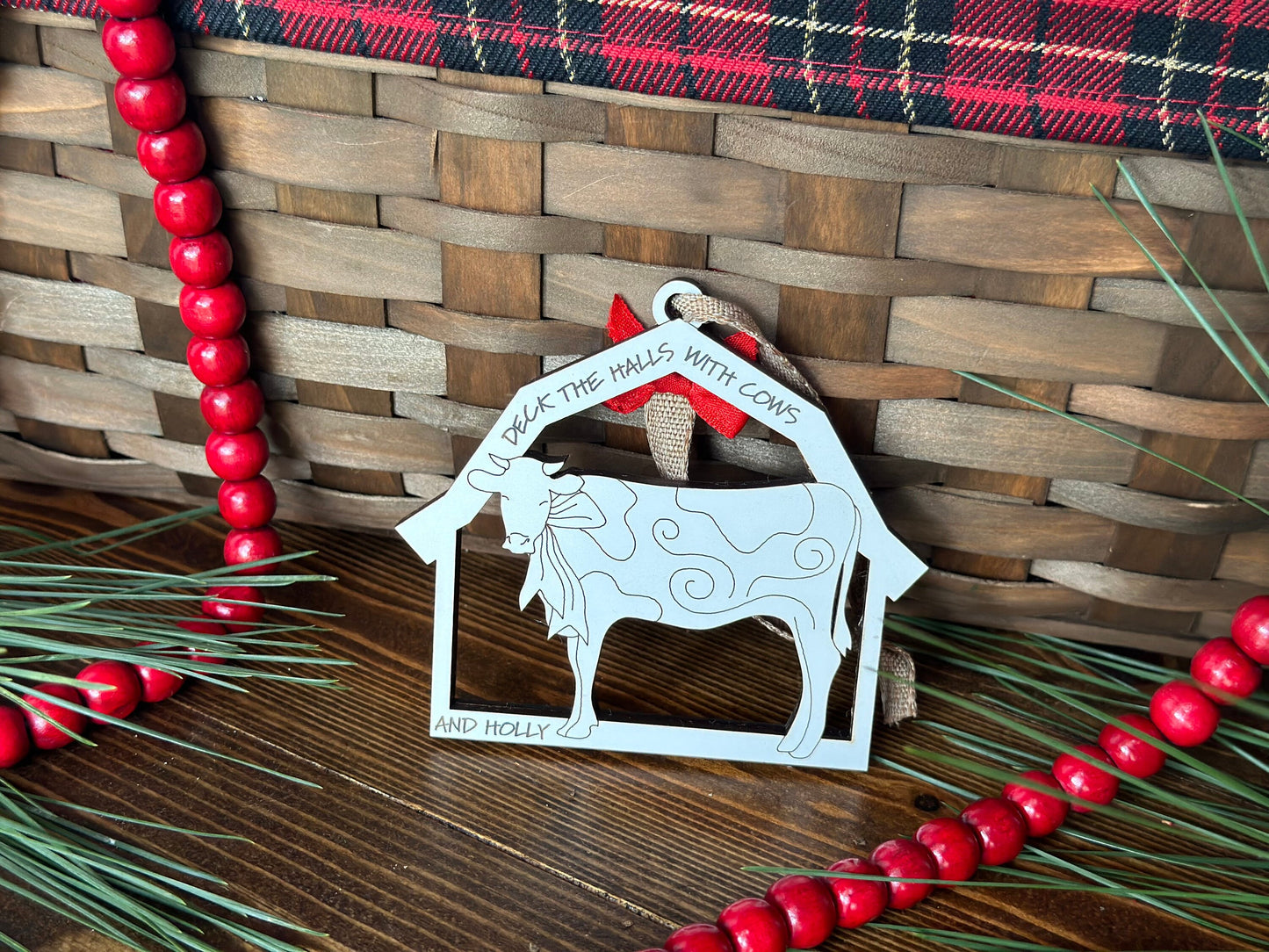 Barn Theme Christmas 11 Ornaments Set Old MacDonald Inspired White Barn shaped livestock ornaments