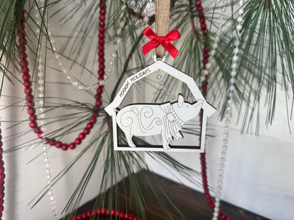 Barn Theme Christmas 11 Ornaments Set Old MacDonald Inspired White Barn shaped livestock ornaments