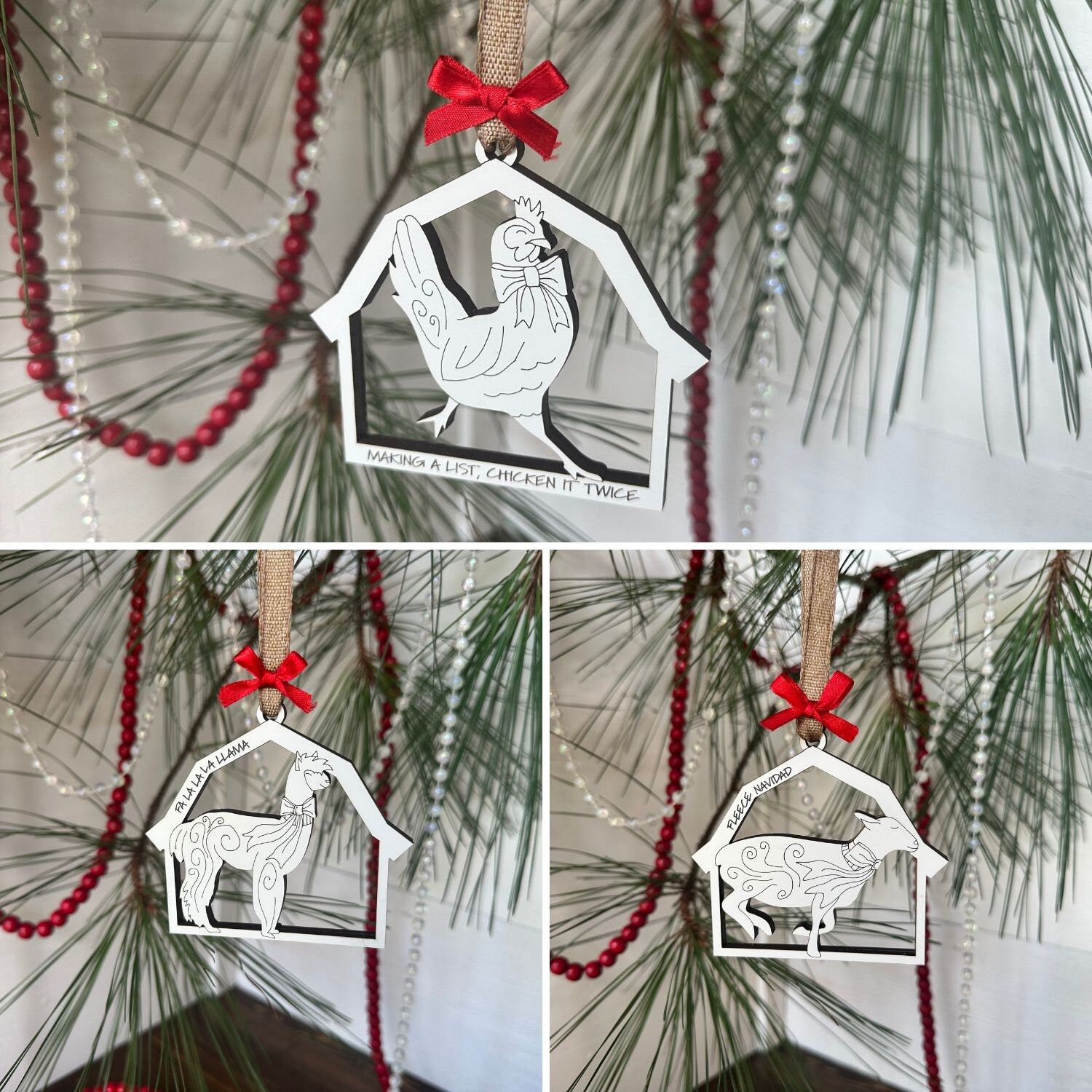 Barn Theme Christmas 11 Ornaments Set Old MacDonald Inspired White Barn shaped livestock ornaments