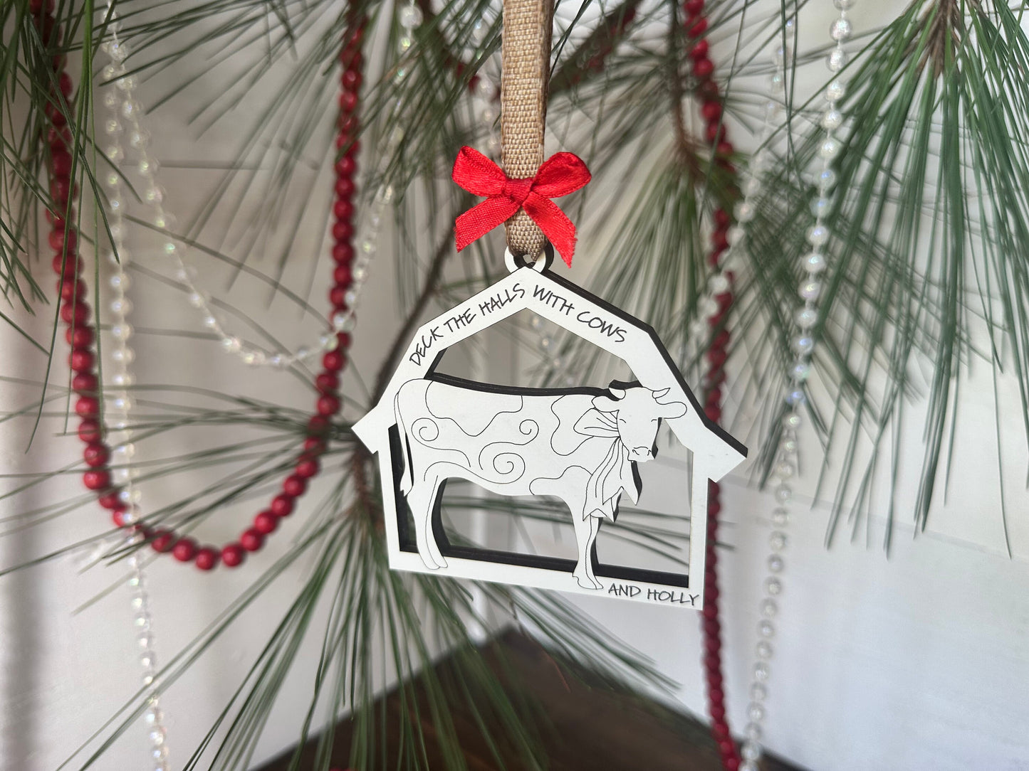 Cow Ornament Barn Theme Cow Christmas Ornament Old MacDonald Inspired White Barn shaped cow livestock ornament
