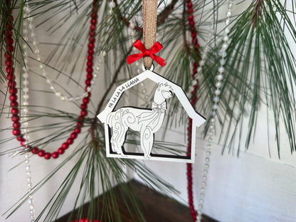 Llama Ornament Barn Theme Llama Christmas Ornament Old MacDonald Inspired White Barn shaped Llama livestock ornament