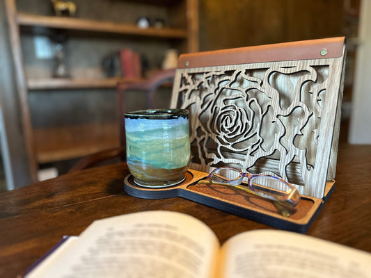 Rose Book Stand Book Lover Gift Wood with Genuine Leather Accents Functional Home Décor Personalized Gift