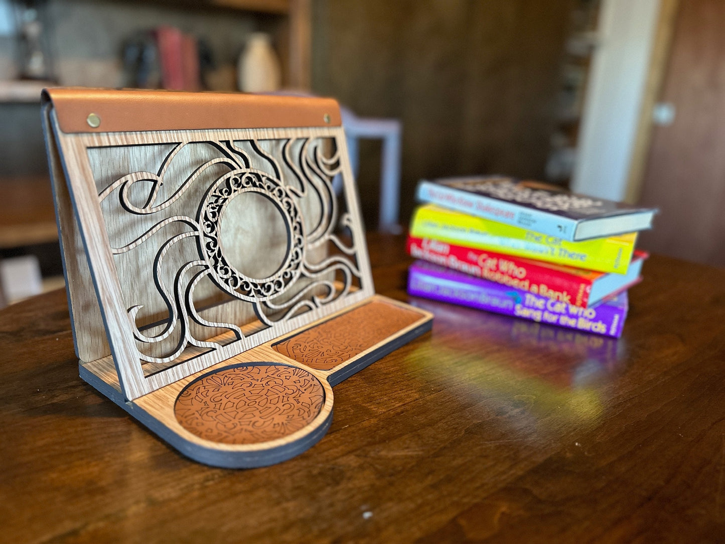 Sunshine Book Stand Book Lover Gift Wood with Genuine Leather Accents Functional Home Décor Personalized Gift